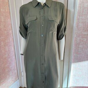 Equipment Olive Green Silk Button Front Shirt Dress sz L